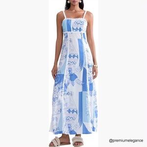 Women's Blue & White Printed Maxi Sundress